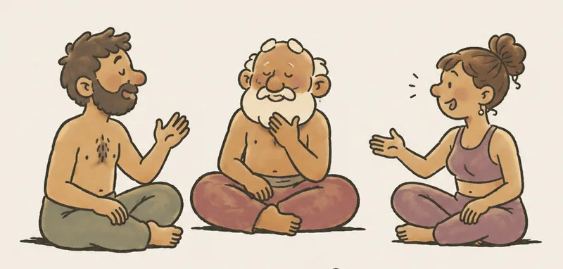 Illustration: drei Menschen sitzen im Schneidersitz und unterhalten sich – ein bärtiger Mann, ein älterer Herr mit weißem Bart und eine junge Frau