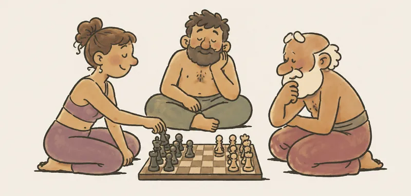 Illustration: drei Menschen sitzen auf dem Boden um ein Schachbrett, die junge Frau zieht gerade eine Figur