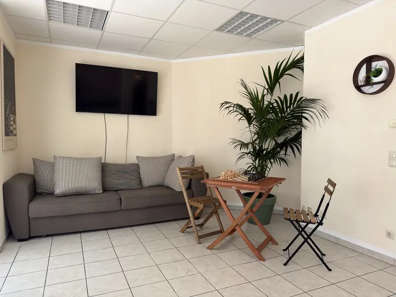Der Aufenthaltsraum des Studios: graues Sofa, ein Schachtisch mit aufgestellten Figuren und eine große Palme